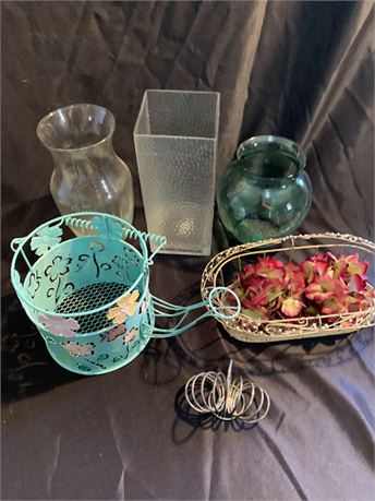 Glass Flower Vases and Blue Wire Baskets Watering Can Shaped Basket Decor Lot