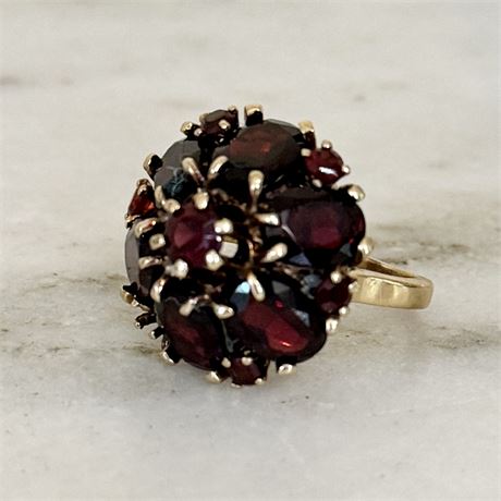 14k Gold Victorian Bohemian Rose Cut Garnet Cluster Ring - Size 5