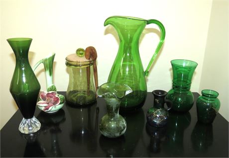 Assorted Green Pitchers, Vases, Etc