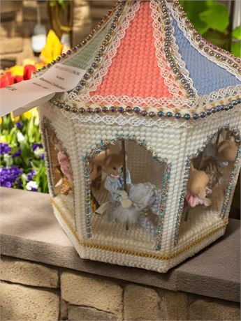 Needlepoint Carousel With Miniature Animals Handmade W/Beaded Details - Vintage