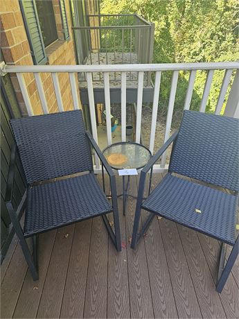 Two Plastic & Metal Woven Out Door Rocking Chairs and Small Round Table(As Is)