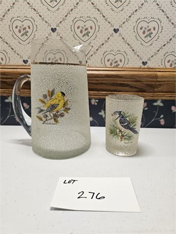 West Virginia Glass Co. Frosted Goldfinch Pitcher & Bluejay Glass