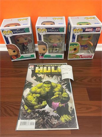 Funko Pop! She Hulk Figurines, Gingerbread Hulk & #9 Marvel Hulk Comic Book