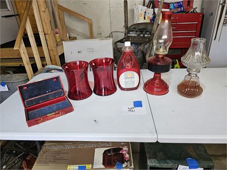 Antique Ruby Red Flash Oil Lantern/LampLight Farms Oil Lamp/Ruby Vases & More