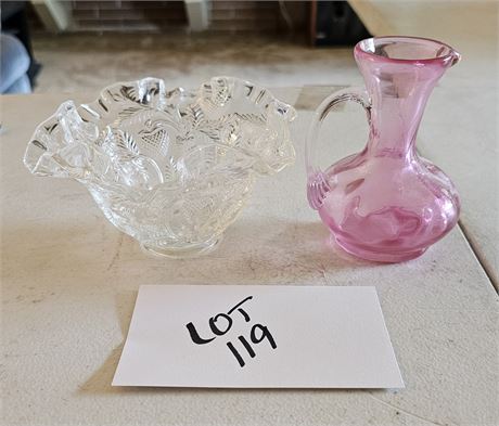 Fenton Strayberry Bowl & Pink Pilgram Cranberry Vase