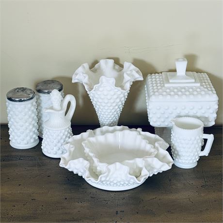 Assorted Milk Glass Pieces - Fenton Shakers, Vase and More