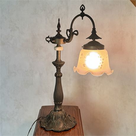 Art Nouveau Bridge Arm Cast Lily Pad Bronze Base Table Lamp