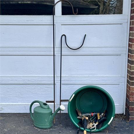Shepherds Hooks, Assorted Garden Tools in Tub, Watering Can
