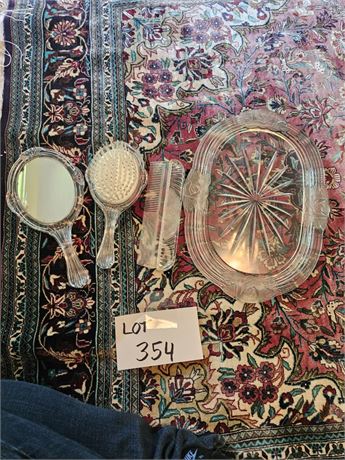 Glass Vanity Set : Rose Pattern - Tray / Brush & More