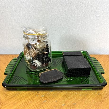 Decorative Mid-Century Kelly Green Glass Tray with Costume Jewelry and More