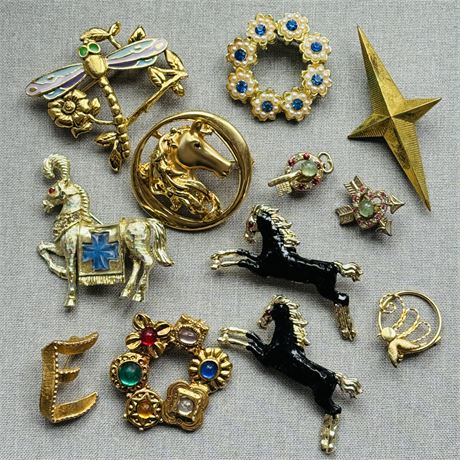 Mixed Brooch Lot - Enamel, Gold Filled, Horses, Embellished....