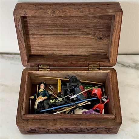 Carved Wood Box with Old Plastic Toys/Figures