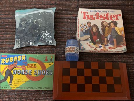 Board Game Lot - Twister, Rubber Horse Shoes, Dominoes, Barrel of Monkeys