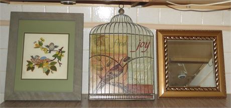 Wall Mirror, Bide Cage Decor, Bird Cross-Stitch