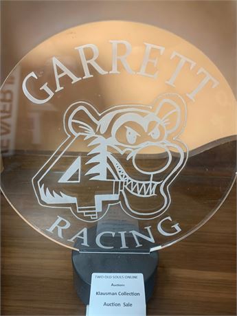 Garrett Circular Racing Plexiglass Trophy Award #4 With Tiger Mascot (Vintage)