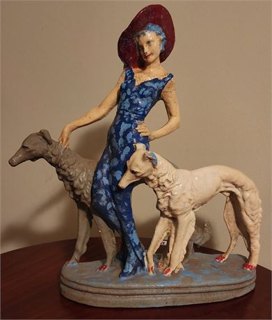 Vintage Art Deco Statue of Lady w/ Russian Wolfhound Saluki Dogs