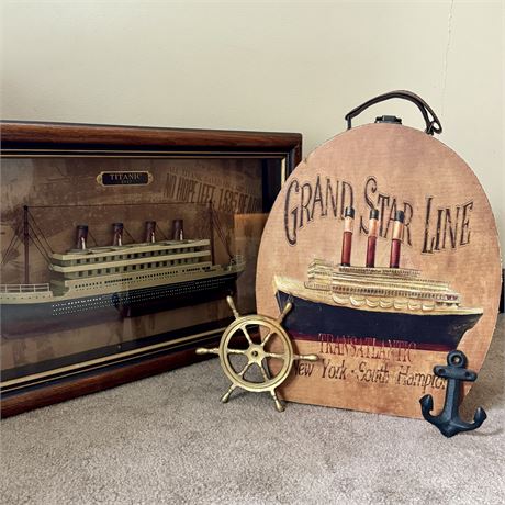 Nautical Decor with Framed 3D Titanic, Vintage Case & Accents