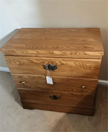 Oak Finish 3 Drawer Chest W/Ornate Metal Hardware