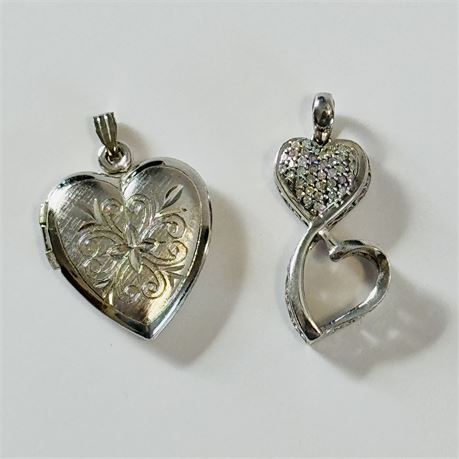 Sterling Silver Heart Locket and Double Heart Pendant (w/ Diamond Chips)