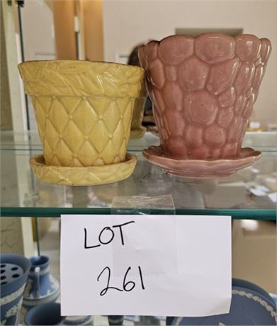 Vintage McCoy Yellow Quilted Leaf Pot & Pink Pebble Rock Planter