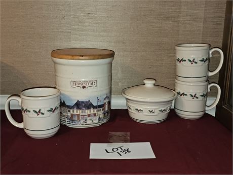 Longaberger Christmas Holly Cups & Sugar Bowl + Homestead Lidded Canister