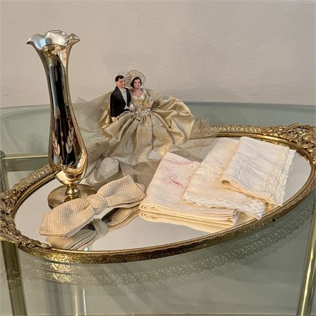 Vintage Mirrored and Brass Vanity Tray with Contents
