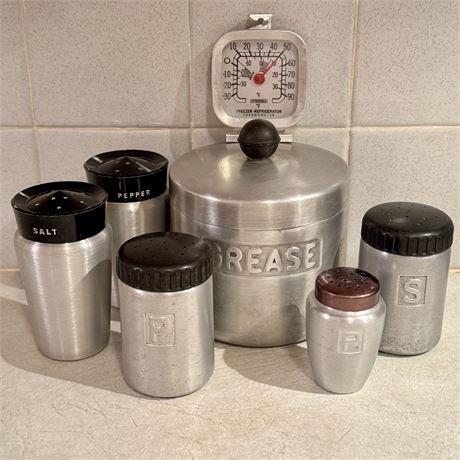 Mid-Century Modern Aluminum Grease Container and S&P Shakers