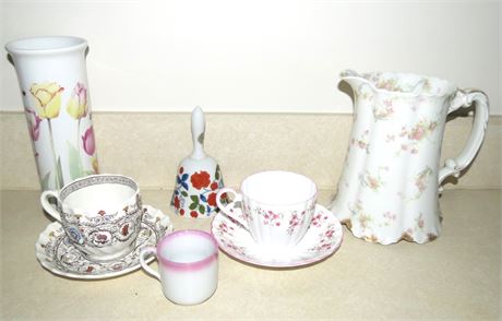 Tea Cups, Pitcher, Vase, Bell Etc