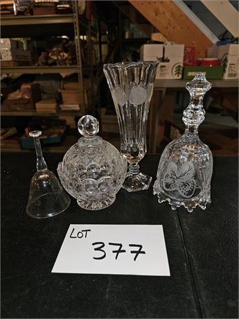 Hofbauer German Bell, Fostoria Coin Glass Vase, Nachtmann Lidded Candy & More