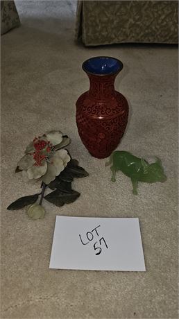 Cinnabar & Enamel Carved Vase, Jade Bull, Carved Natural Jade Flower