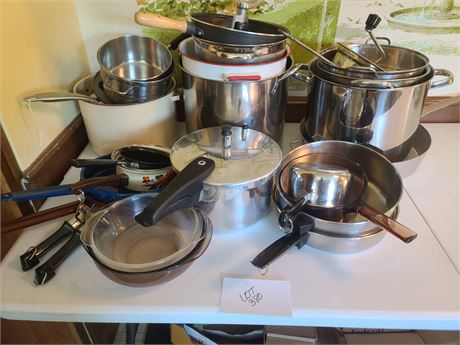 Large Lot Of Mixed Pots & Pans: Revereware, Moneta, Pressure Cooker, Enamel Etc