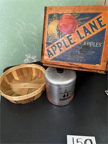 Vintage Cookie Tin, Apple Crate, and Basket