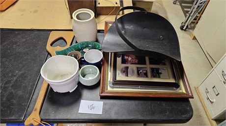 Mixed Misc Lot: Picture Frame, Metal Log Holder, Pots, Crock & More