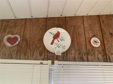 Red Cardinal Decorative Plate Little Round Bird  & Red Heart/White Lace Wall Art