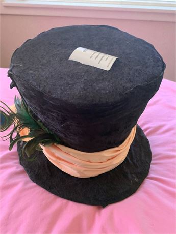 Mad Hatter-Style Top Hat W/Lapel Pins, Decorative Ribbon & Peacock Feathers