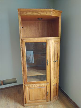 Lighted Oak Wood Corner Storage Cabinet w/ Adjustable Glass Shelves