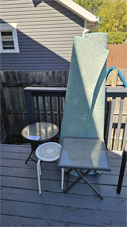 Mixed Outdoor Table Lot & Teal Outdoor Rug