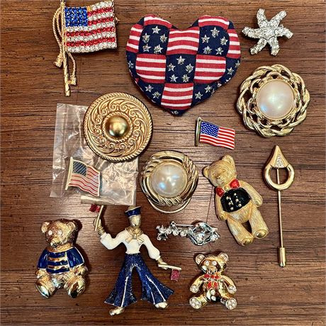 Collection of Patriotic Themed Costume Brooches - Signed, Vintage, Enamel