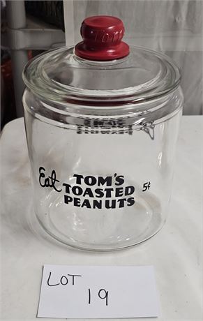 Vintage Toms Toasted Peanuts 5 Cent Jar With Lid