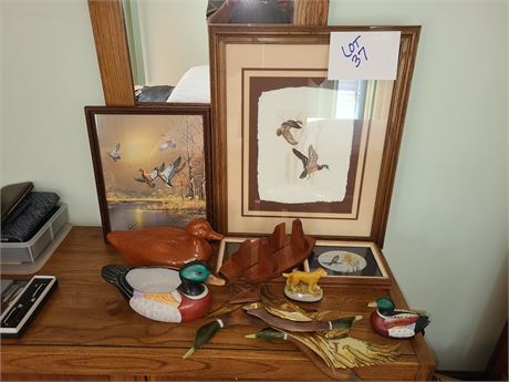 Mixed Hunting Inspired Decor:Signed Schoonmaker Art/Ceramic Decoys & More