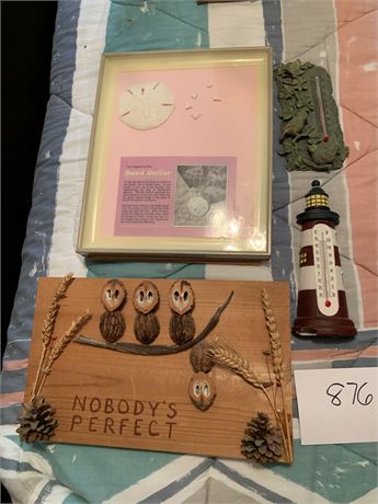 Wall Art Lot Thermometers Sand Dollar Lighthouse Wood Owl Art "Nobody's Perfect"
