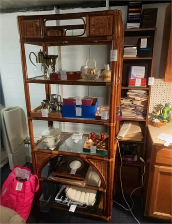 Vintage Boho Rattan/Bamboo Etagere Shelving Unit W/Glass Shelves (SHELF ONLY)