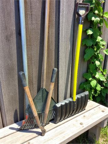 Yard Tool Lot - Shovel, Rake, Pruner, Scraper