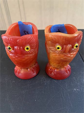 Imperial Orange Slag Glass Owl Shaped Creamer and Sugar Bowl With Yellow Eyes