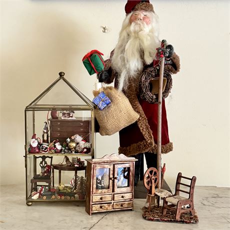 Christmas Miniatures w/ Display Case and Tall Santa Figurine