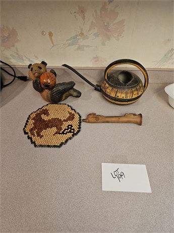 Middle East Clay Teapot/Mexican Spirit Flute & Wicker Panda with Ball