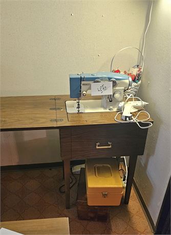 White Sewing Machine & Sewing Table W/ Supplies