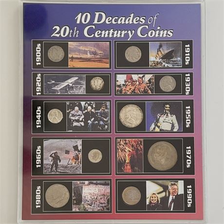 10 Decades of 20th Century Coins w/ COA - Ready to Hang!