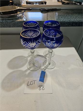 Bohemian Cobalt Blue Cut Glass Cordial Stemware