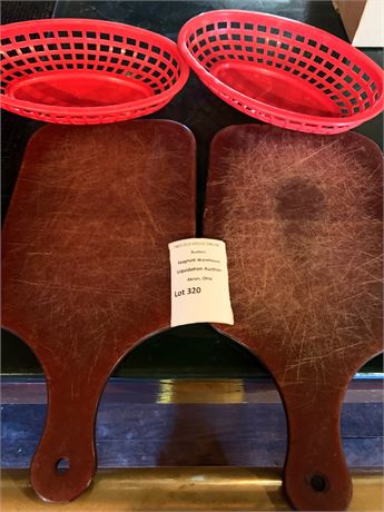 Wooden Bread Serving Paddle Boards & Red Plastic Serving Baskets